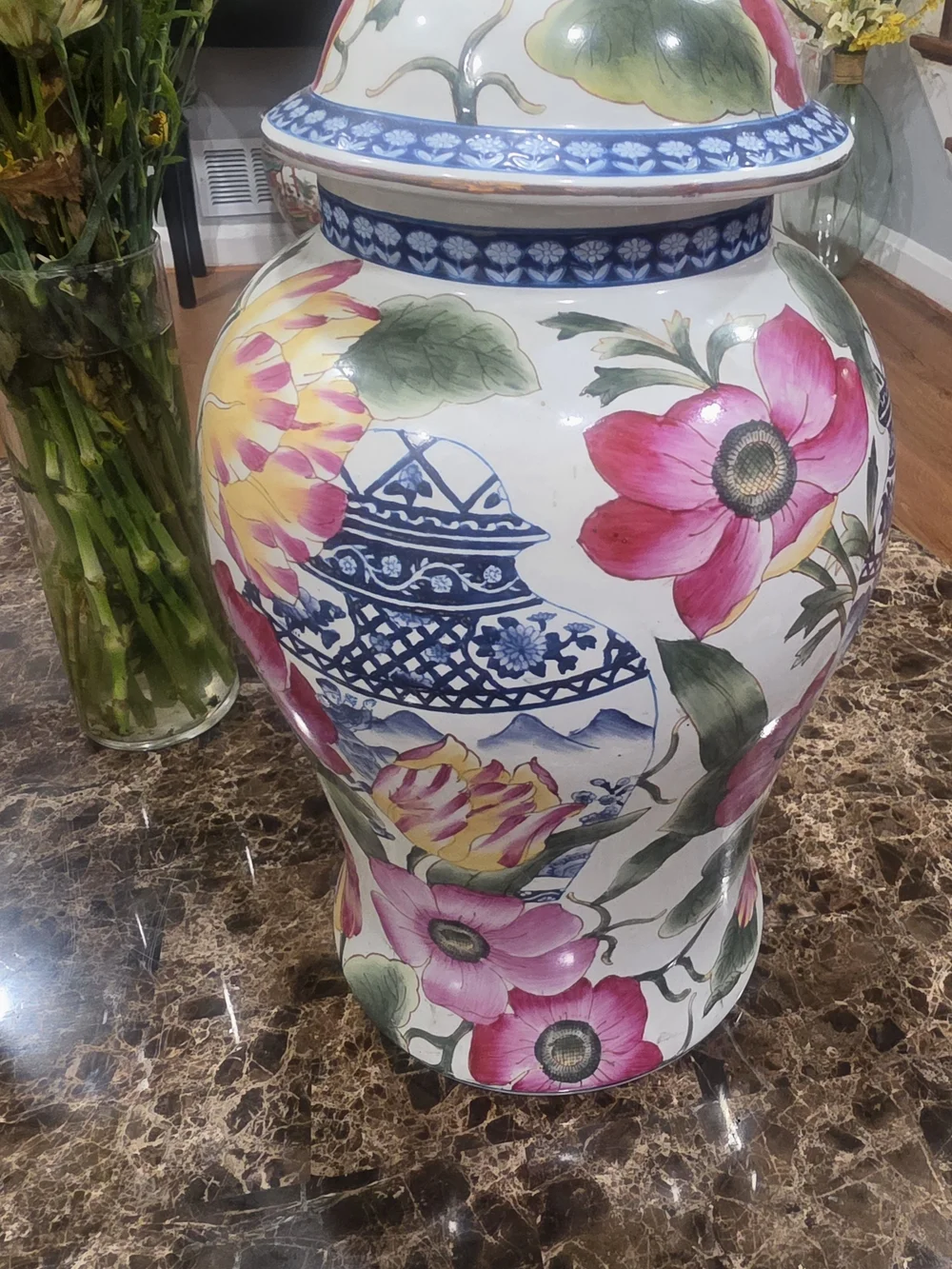 Floral Porcelain Oriental Vase and Green Vintage Vase By Accents